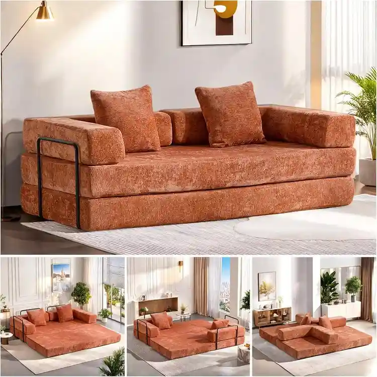 79 Convertible Sleeper Sofa Bed with Cylindrical Pillow, Corduroy Folding Mattress Couch with Fixed-Shape