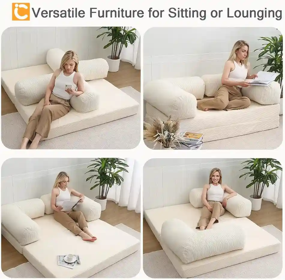 COMAX 4‑in‑1 Futon Sofa Bed Queen – Floor Foldable Convertible Sofa Couch with L‑Shaped Armrests,