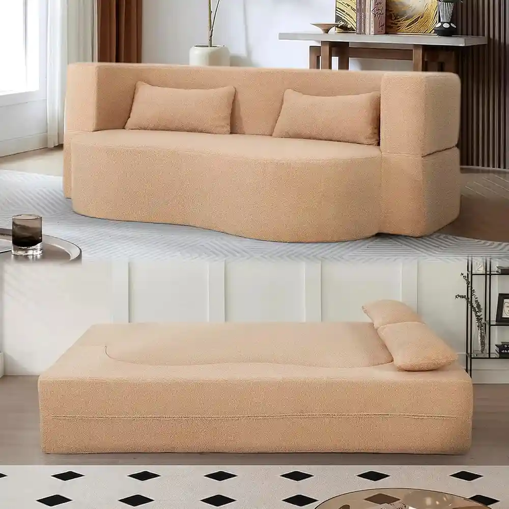 GDFStudio Full Size Convertible Sofa Bed, 2-in-1 Folding Floor Loveseat Couch with Soft Teddy Fabric