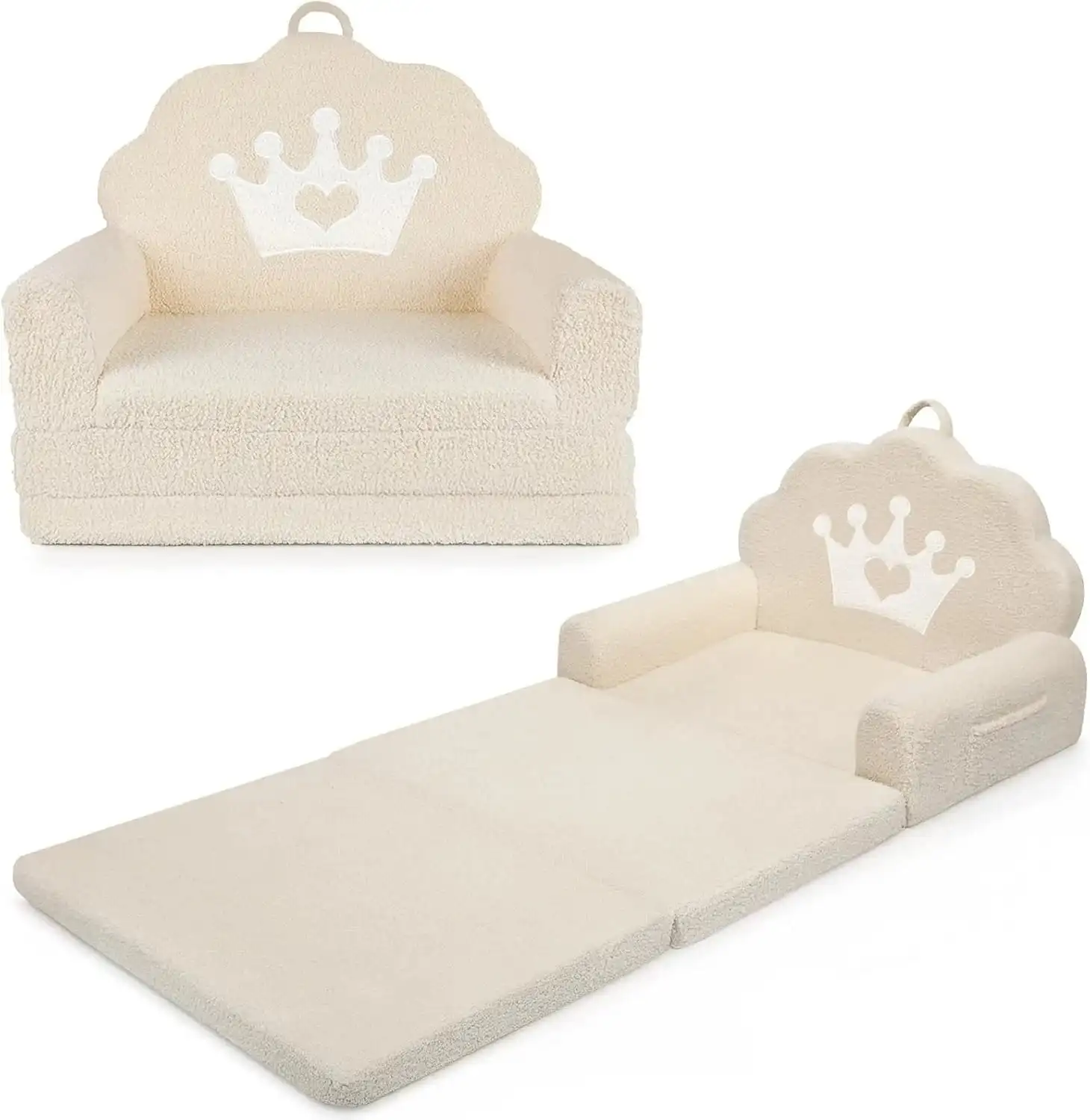 PIIKAGO 2-in-1 Kids Couch Fold Out, Soft Teddy Sherpa Toddler Couch with Crown Design