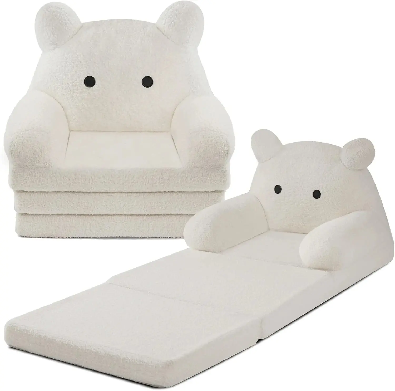 Tsinglax Foldable Kids Sofa, Sherpa Teddy Bear Toddler Couch with Tri Folding Foam Cushions,