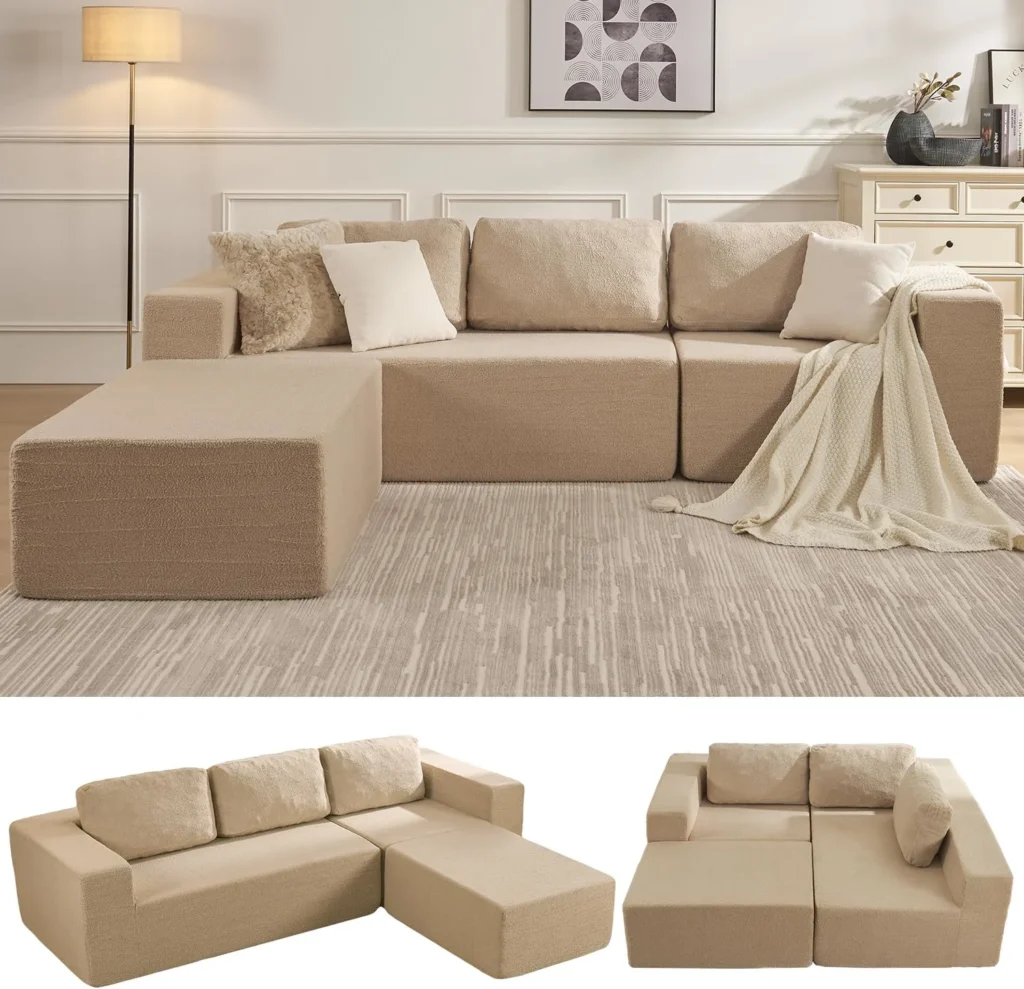 Furnify 106" Modular Sectional Couch Left/Right Facing Convertible, L-Shape Modern Teddy Sofa, Deep Seat Upholstered Foam Couch for Living Room Bedroom