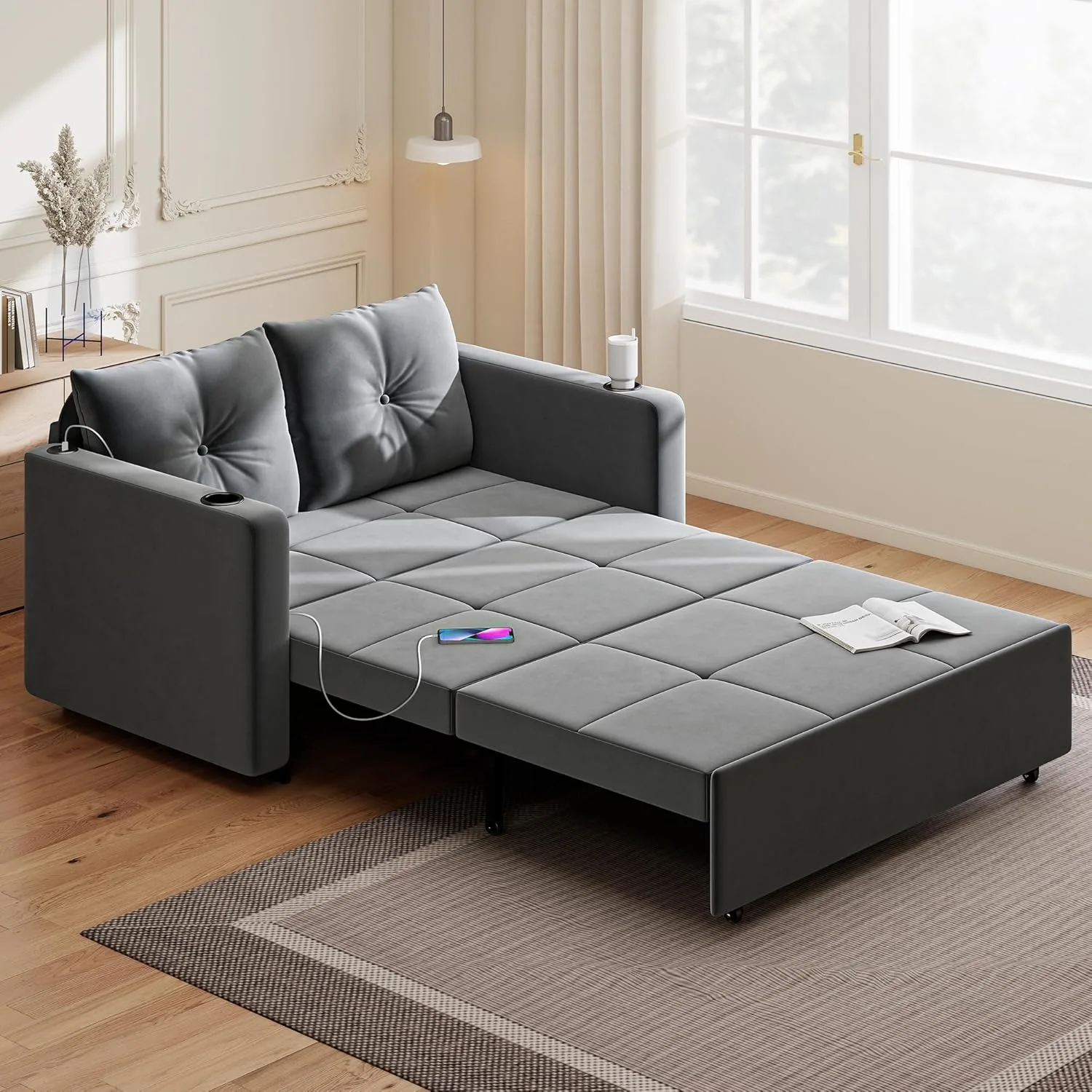 3 in 1 Pull Out Couch, 56 Inch Velvet Sofa Bed, Convertible Loveseat Sleeper Sofa for Living Room, Small Space, Upholstered Couch Bed with USB, Cup Holder(Grey)